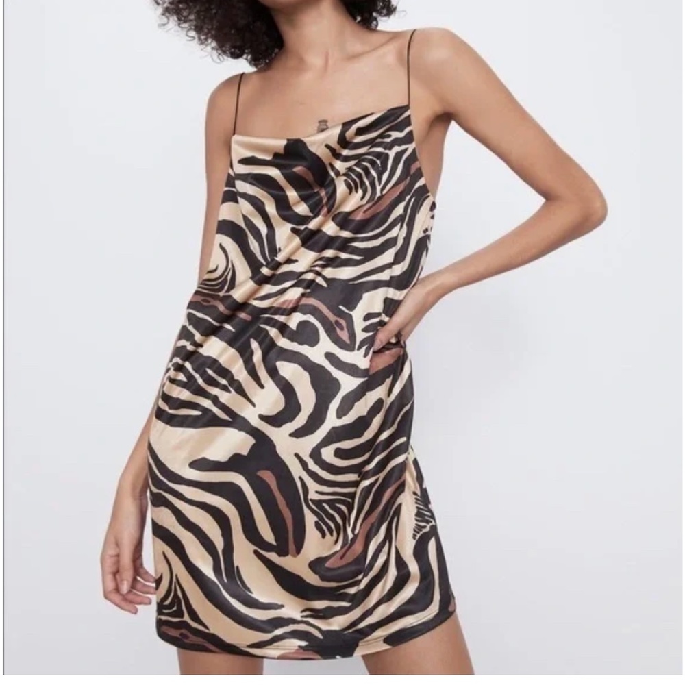 ZARA Tiger Striped Animal Print Cowl Neck Mini Satin Slip Dress Size